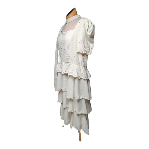Vtg 1980s Michael Maiello Pat Richards Ivory Pearl Beaded Tiered Midi Dress 20 - Picture 1 of 9